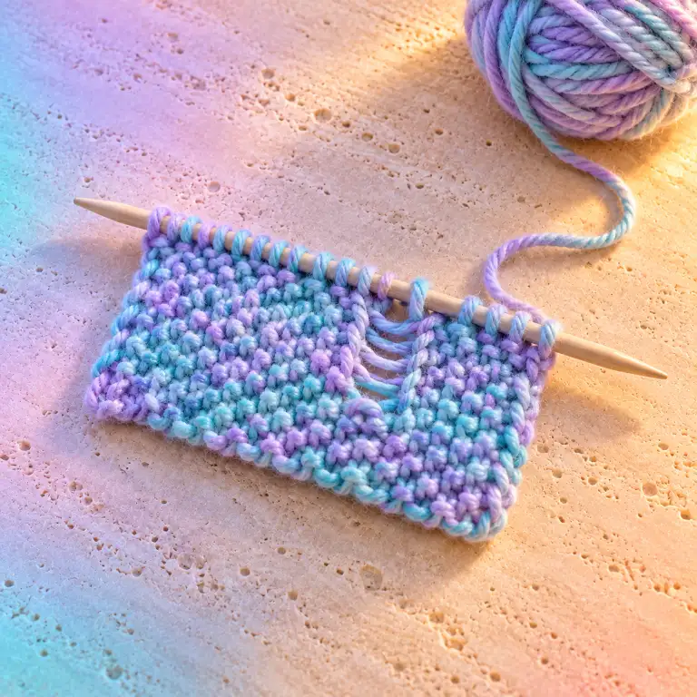 A lavender and aqua knitted swatch on a wooden needle, one dropped stitch laddering down through the rows.