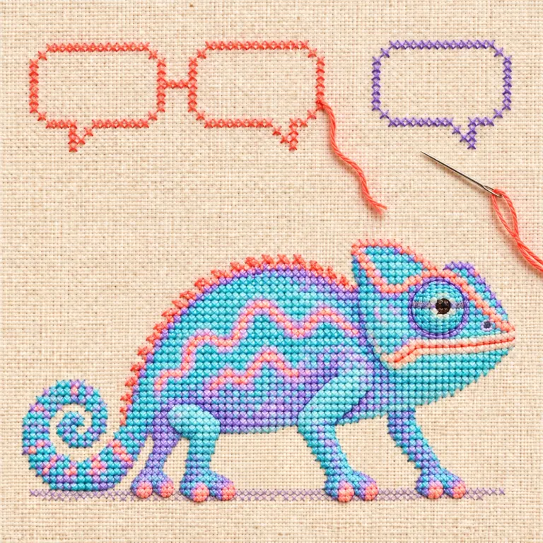 A cross-stitched chameleon stands below three speech bubbles; a dropped coral thread breaks the connection before the third.