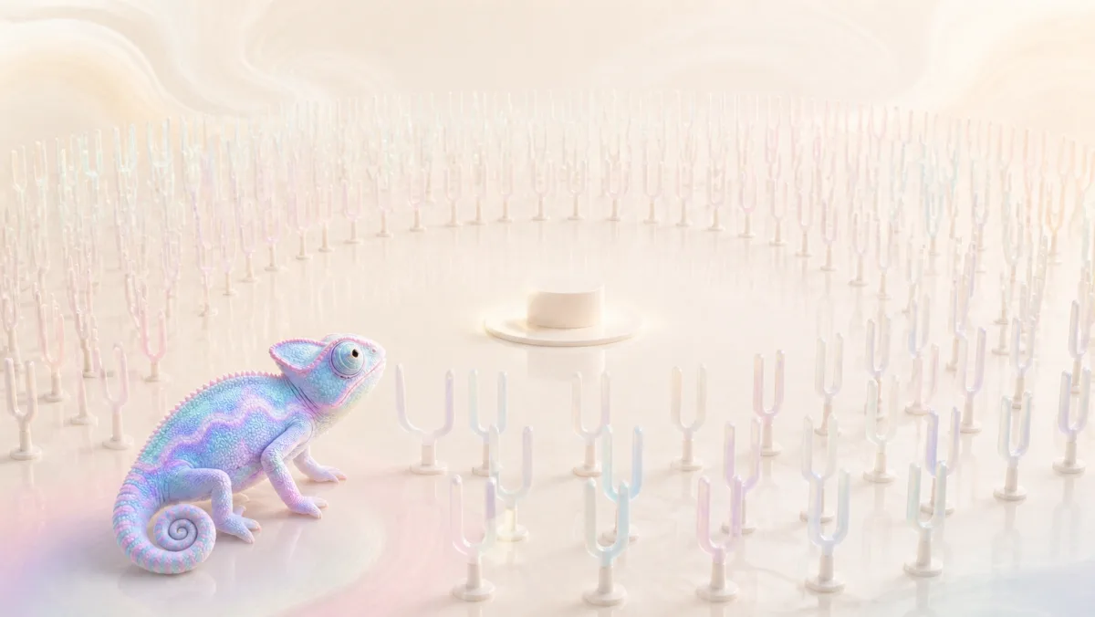 A pastel chameleon watches a circle of identical translucent tuning forks gather around an empty podium in a cream rehearsal hall.