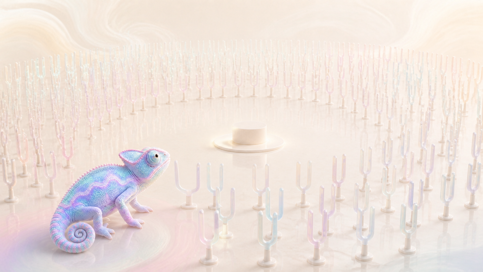A pastel chameleon watches a circle of identical translucent tuning forks gather around an empty podium in a cream rehearsal hall.