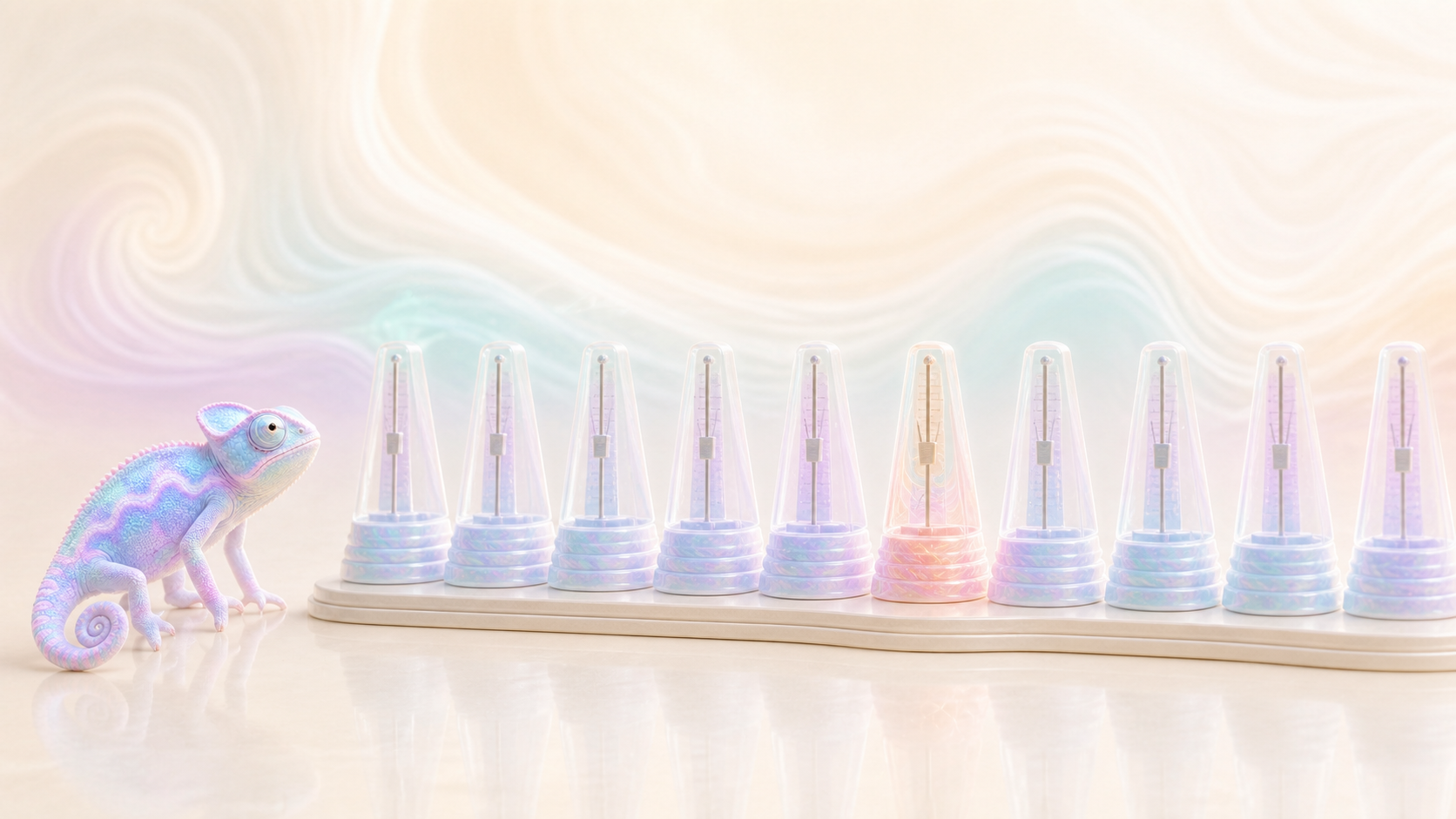 A pastel chameleon studies a row of translucent metronomes, all aligned except for one warm-colored exception.