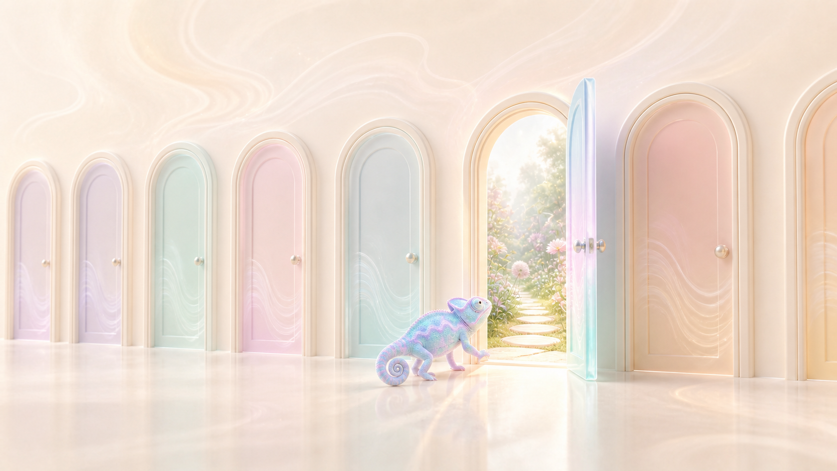 A pastel chameleon approaches one open door leading to a garden while identical pastel doors remain closed in a cream gallery.