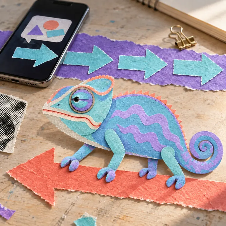 A flat paper chameleon stands on one coral arrow pointing against a stream of aqua arrows from a phone on a real desk.