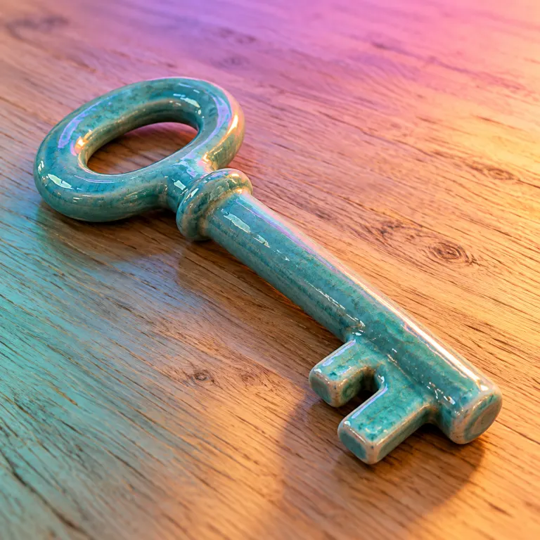 An aqua glazed ceramic key rests on a wooden tabletop in rose, peach and aqua light.