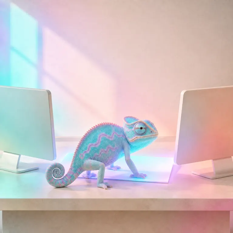 A pale aqua chameleon standing on a cream desk over one glowing page that spills aqua and violet light onto the backs of two blank monitors, in a room lit by colored daylight from a window.