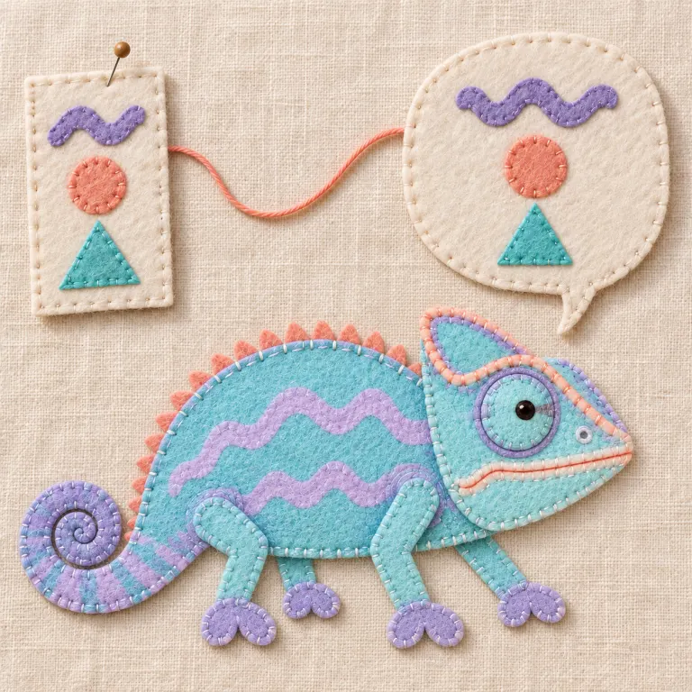 A felt chameleon sits below a sample card and a speech bubble repeating the same three shapes, joined by coral thread on linen.