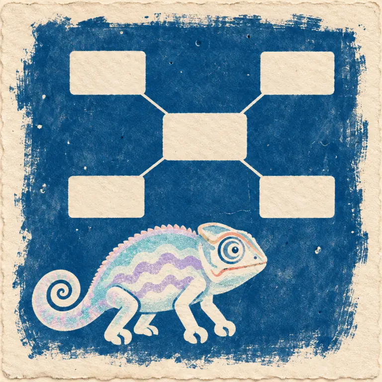 A hand-tinted chameleon appears on a blue cyanotype beneath four equal cards connected to one shared central source.
