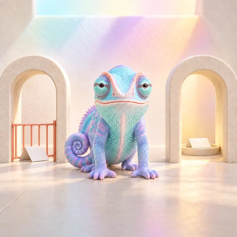 A pale aqua chameleon sits squarely between two small cream stone archways on a pale stone floor under aqua, rose, gold and lavender skylight: the left arch is closed by a low coral gate with a folded paper note stopped outside it, the right arch stands open with its note delivered into a shallow stone tray.