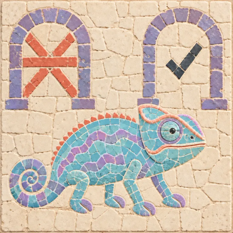 An aqua chameleon assembled from ceramic tiles stands beneath one closed coral gate and one open checked arch.