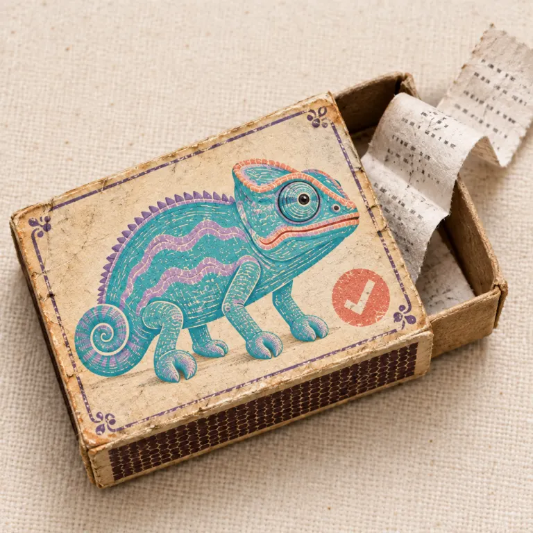 A worn matchbox printed with an aqua chameleon holds a long curling paper receipt.