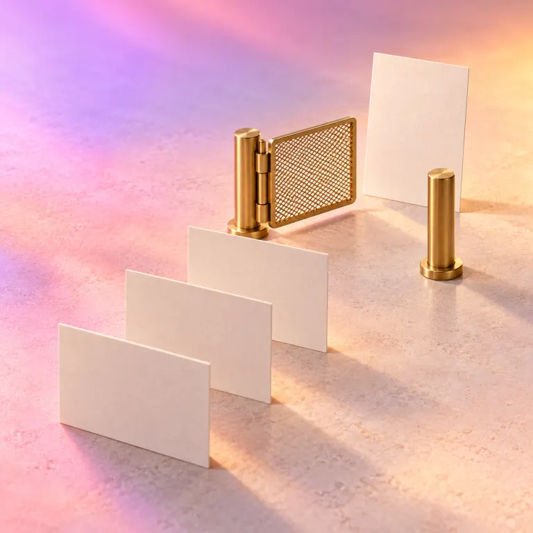 Three blank cards wait in line before a small brass gate with a mesh panel, while one card stands upright past the gate beside a brass post, on stone washed in lavender, rose and gold light.