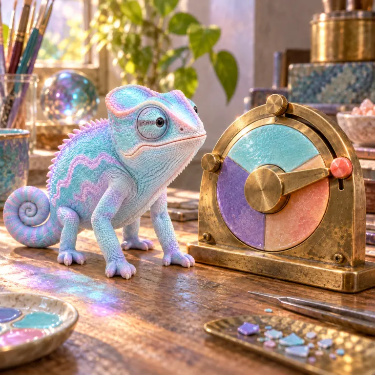 A pale aqua chameleon with lavender stripes stands beside a brass dial of three enamel sections, its pointer resting against a coral stop, on a sunlit workbench.