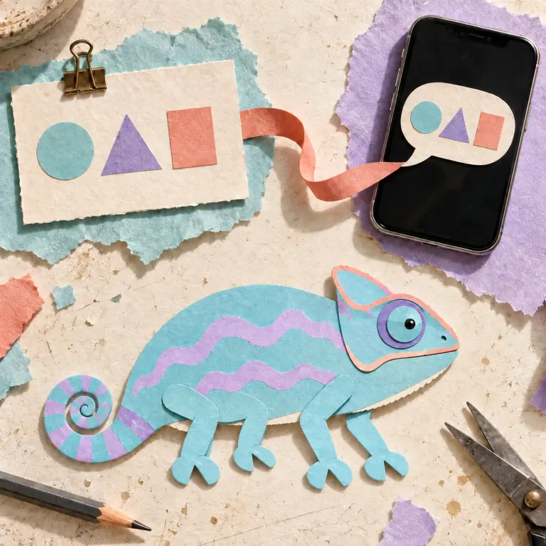 A coral paper ribbon connects a clipped rule card to matching shapes on a phone, above a flat aqua paper chameleon on an ivory desk.