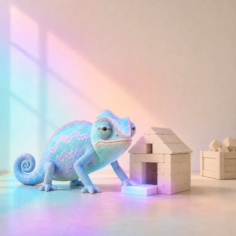 A pale aqua chameleon pressing the last glowing block into a small stone house he is building, a crate of unlit blocks beside him, in a room washed with aqua, lavender and coral daylight.