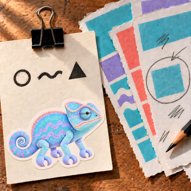 A clipped decision card bearing a small aqua chameleon sticker stays beside a fan of marked-up aqua, lavender and coral production proofs.