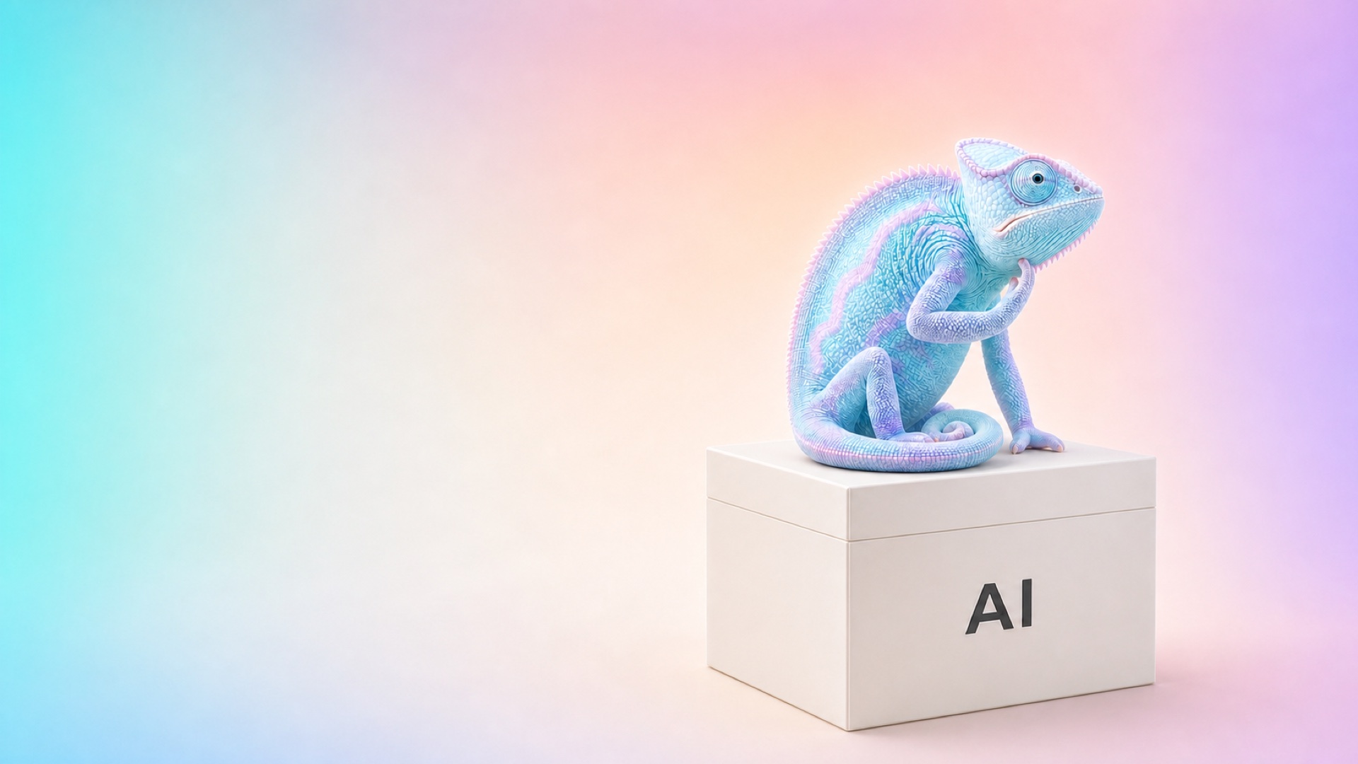 A pale aqua and lavender chameleon sits on a closed white box labelled AI, one foot under its jaw in a thinking pose.