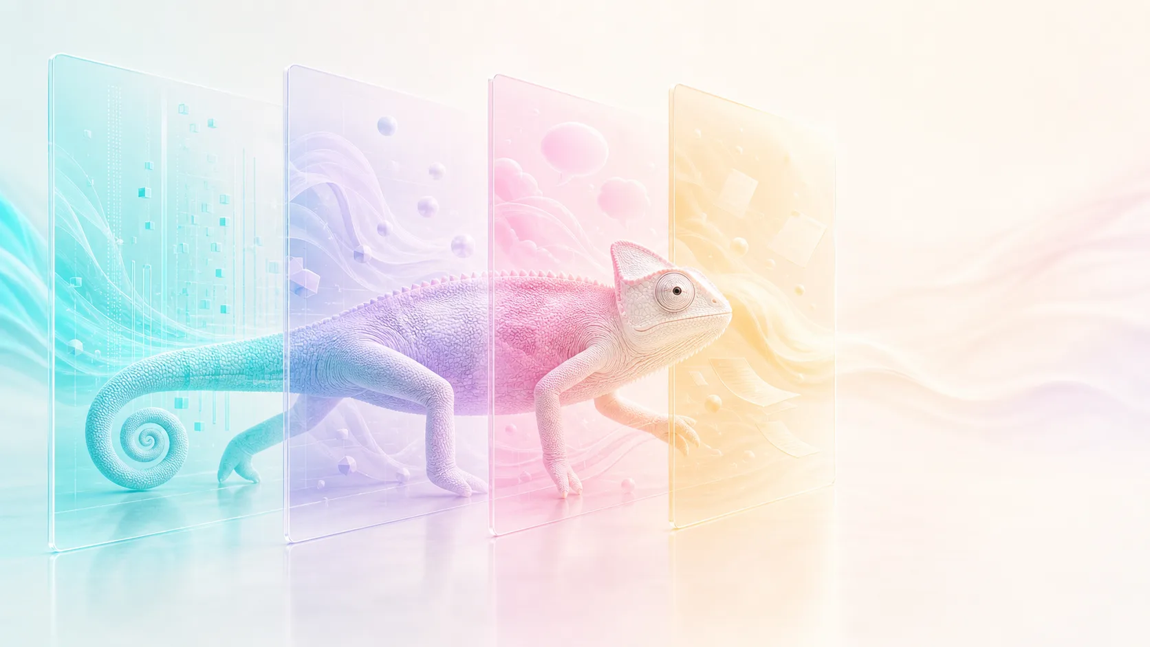 A chameleon moving through a row of glass surfaces: data, chat, motion, and documents, taking on each one