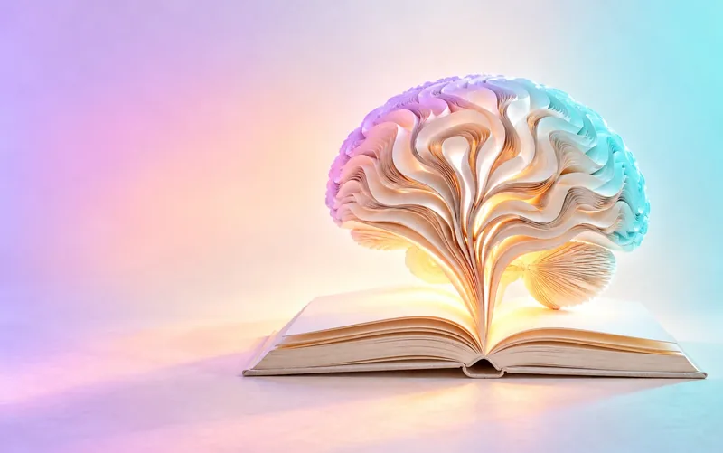 An open book whose pages fold up into a glowing paper brain