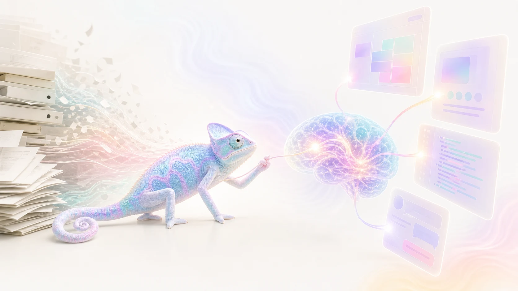 A chameleon connects a glowing brain to the documents and tools around it.