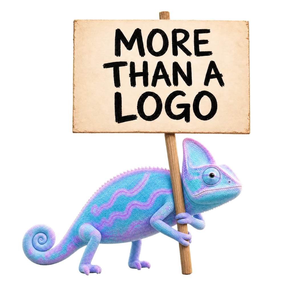 Adapt, the Adaptius chameleon, stands on all four legs and holds a cream sign reading More Than a Logo.