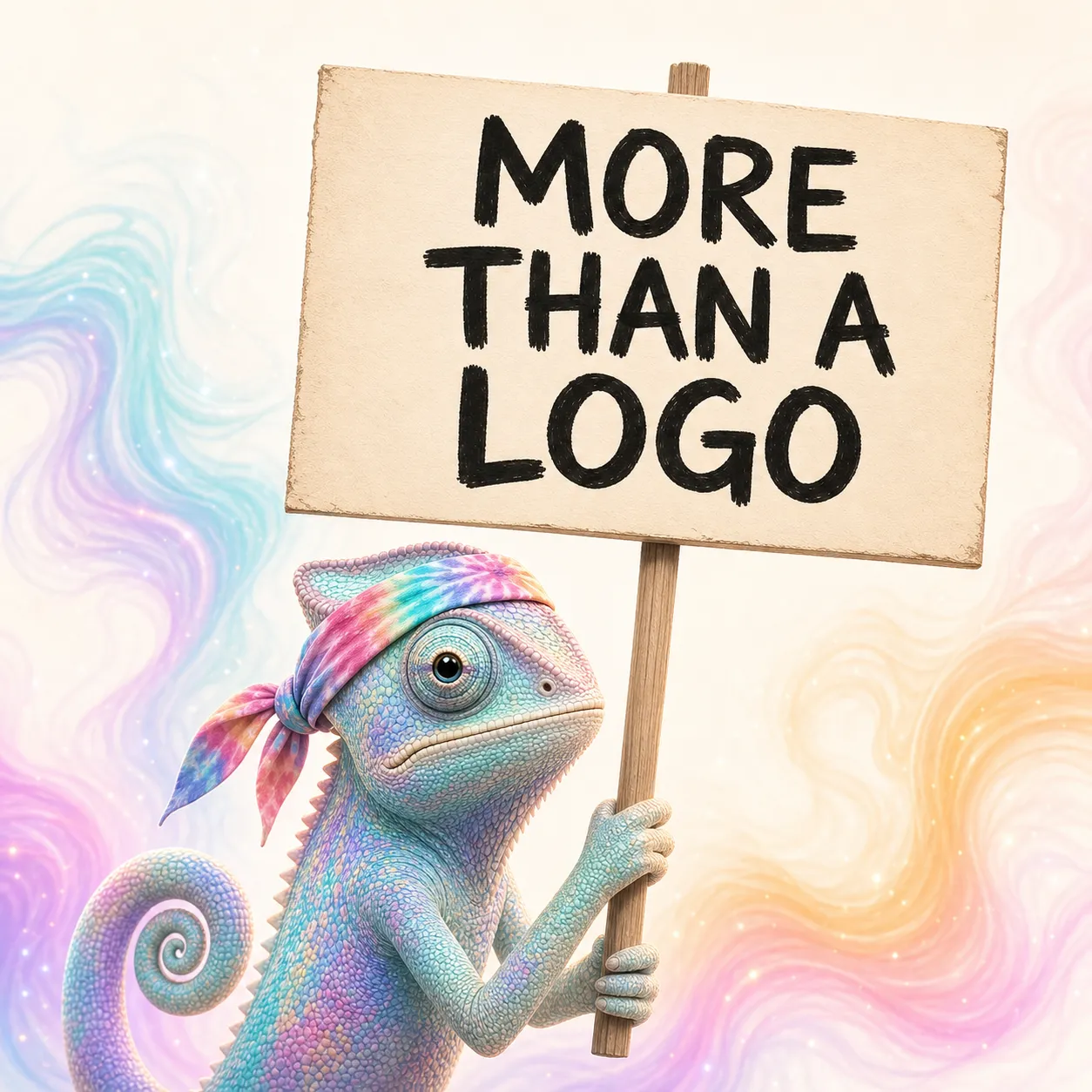 A chameleon holding a hand-lettered sign reading 'More than a logo'