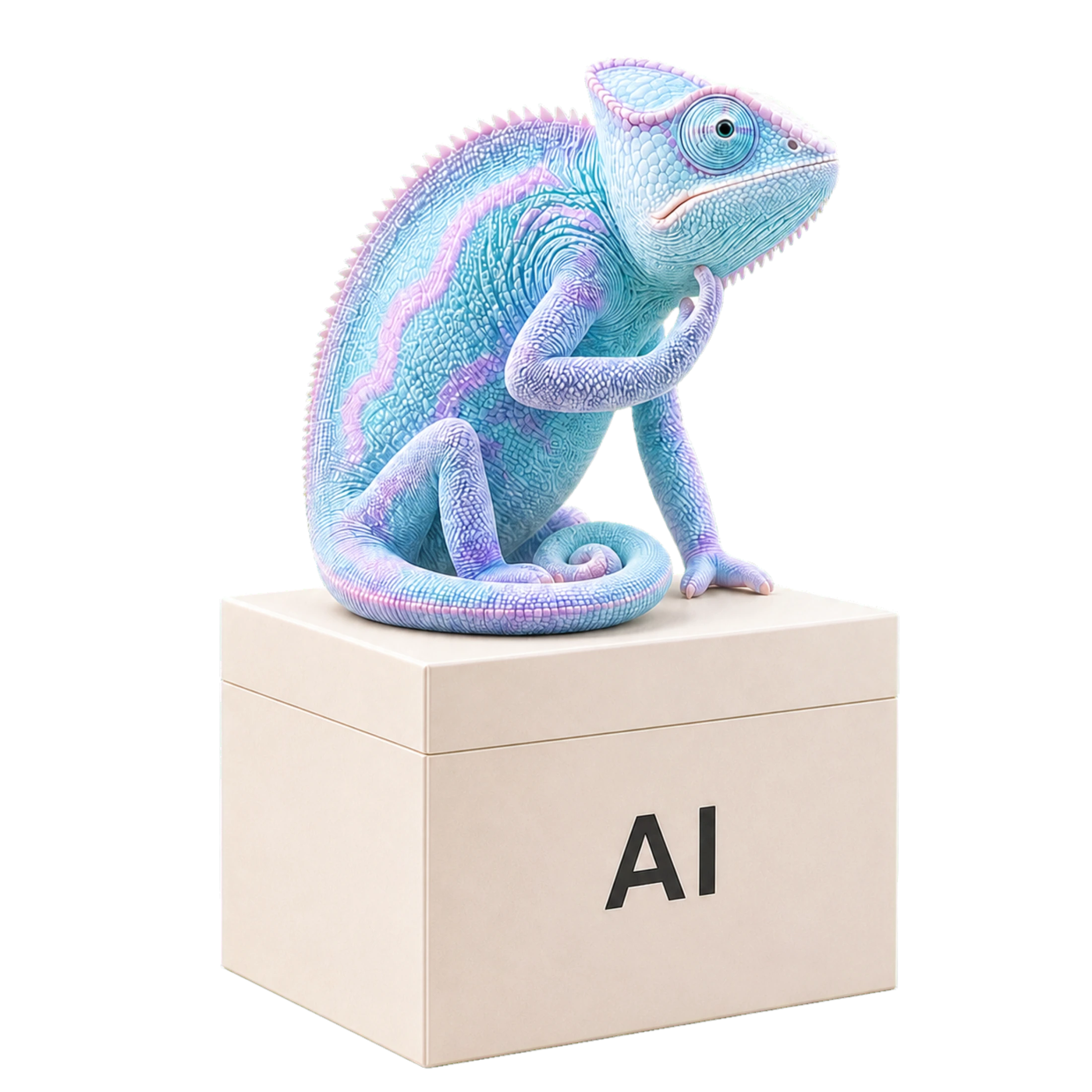 Adapt sits thoughtfully on a closed cream box labeled AI, one forefoot under the jaw and one planted on the lid.